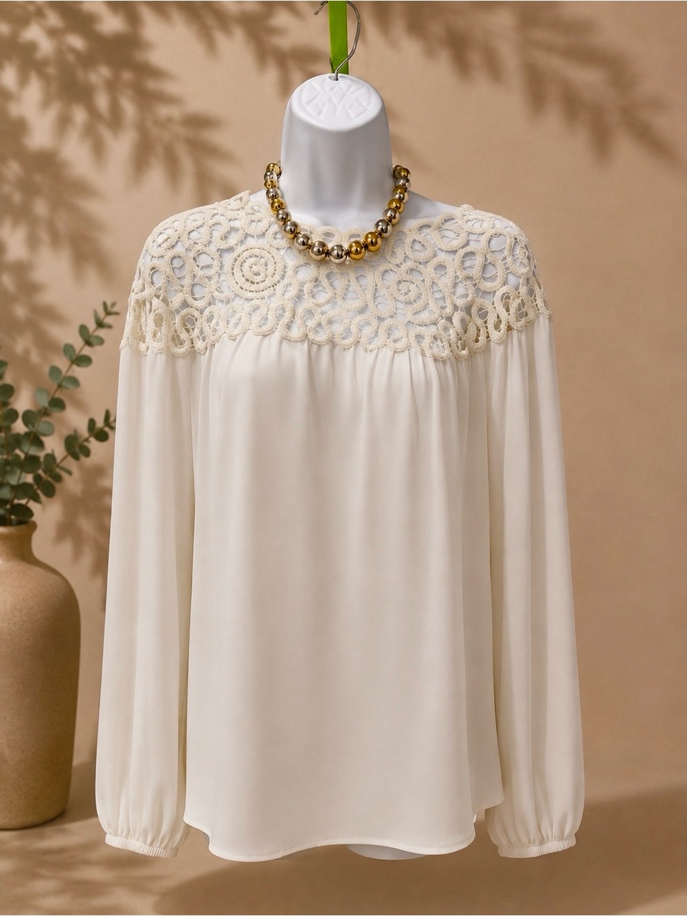 Johnny Was - Off White Lace Yoke Long-Sleeve Blouse - Elegant Women's Top